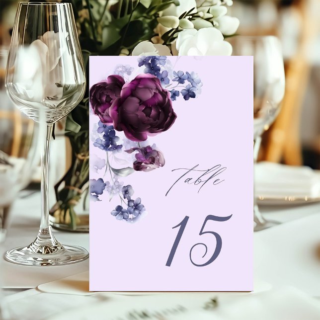 Plum Purple & Indigo Blue Elegant Floral Wedding Table Number (Creator Uploaded)