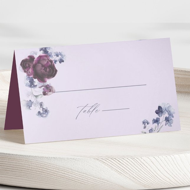 Plum Purple & Indigo Blue Floral Elegant Wedding Place Card (Creator Uploaded)