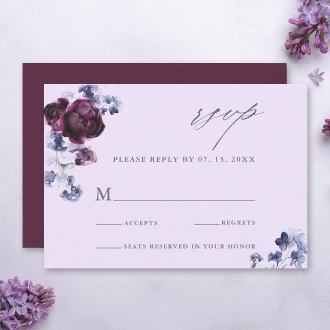 Plum Purple & Indigo Blue Floral Elegant Wedding RSVP Card (Creator Uploaded)
