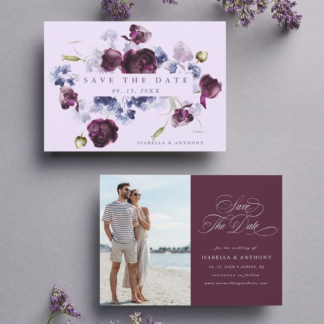 Plum Purple & Indigo Blue Floral Wedding Photo Save The Date (Front & Back)
