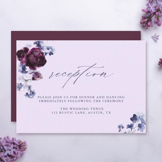 Plum Purple & Indigo Blue Floral Wedding Reception Enclosure Card (Creator Uploaded)