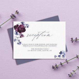 Plum Purple & Indigo Blue Floral Wedding Reception Enclosure Card