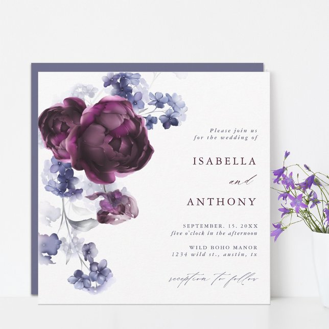 Plum Purple & Indigo Blue Floral Wedding Square Invitation (Creator Uploaded)