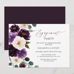 Plum Purple Ivory Eggplant Floral Engagement Party Invitation