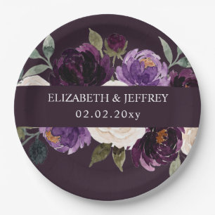Plum Purple Ivory Eggplant Floral Wedding Paper Plate