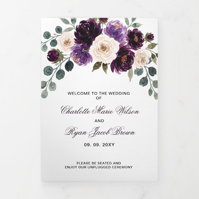 Plum Purple Ivory Eggplant Floral Wedding Tri-Fold Programme (Cover)