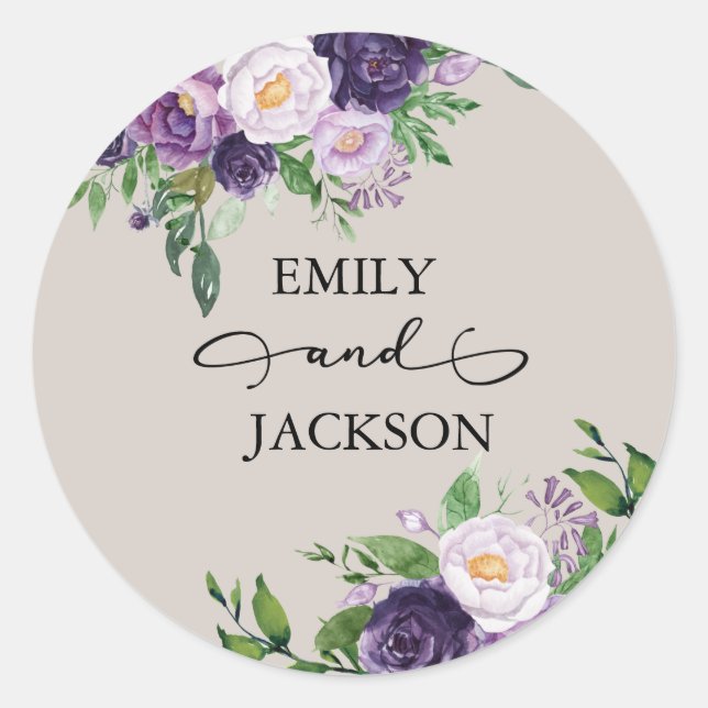 Plum Purple Lavender Greenery Grey Wedding Classic Round Sticker (Front)