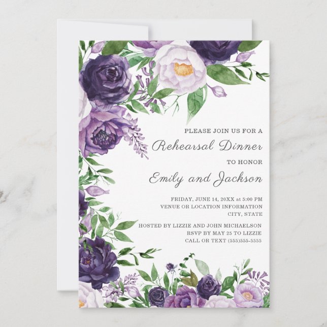 Plum Purple Lavender Watercolor Floral Rehearsal  Invitation (Front)