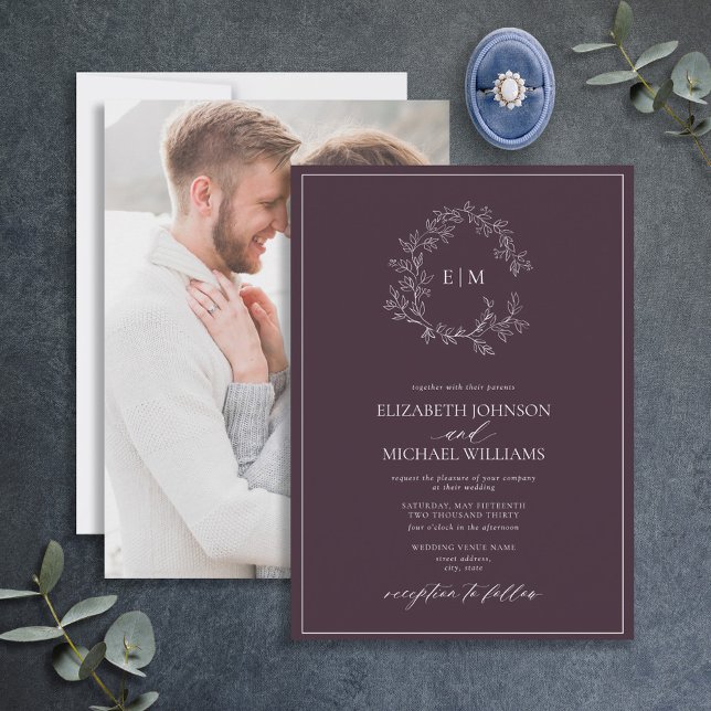 Plum Purple Leafy Crest Monogram Photo Wedding Invitation (Creator Uploaded)