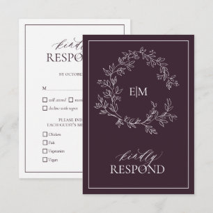 Plum Purple Leafy Crest Monogram Wedding RSVP Card