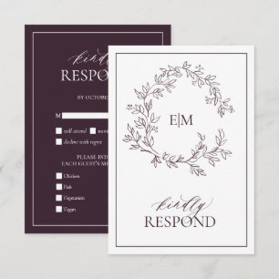 Plum Purple Leafy Crest Monogram Wedding RSVP Card