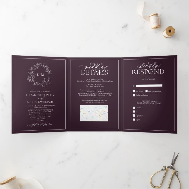 Plum Purple Leafy Crest Monogram Wedding Tri-Fold Invitation (Inside)