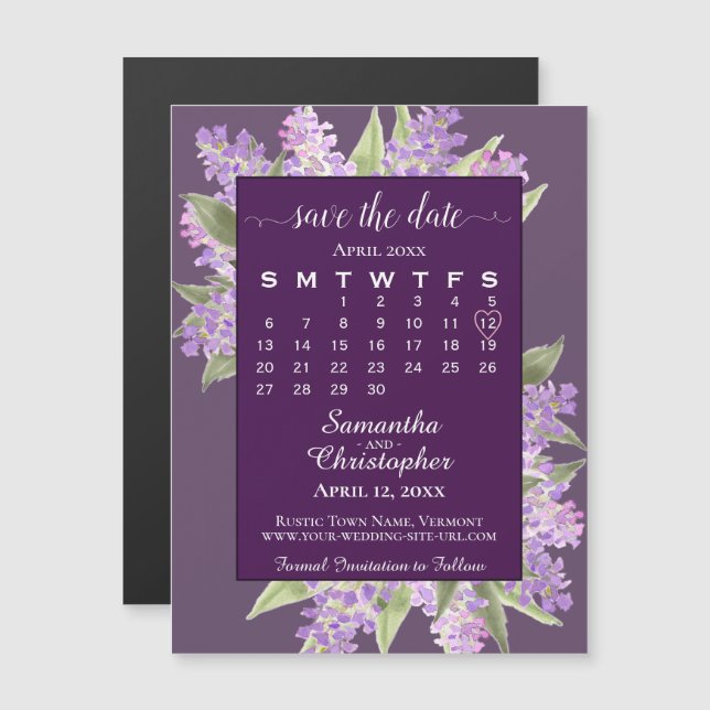 Plum Purple Lilacs Wedding Save the Date Calendar Magnetic Invitation (Front/Back)