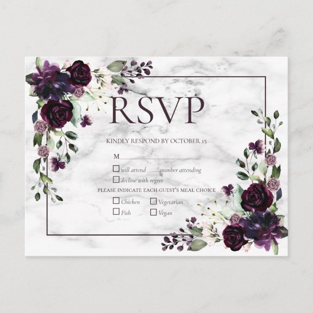 Plum Purple Marble Fall Wedding RSVP Invitati Invitation Postcard (Front)