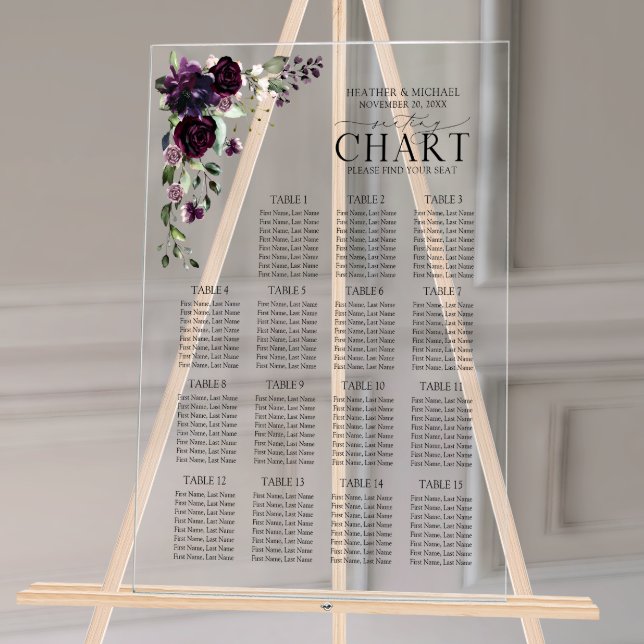 Plum Purple Mauve Floral Reception Seating Acrylic Sign (Wedding Seating Chart!)