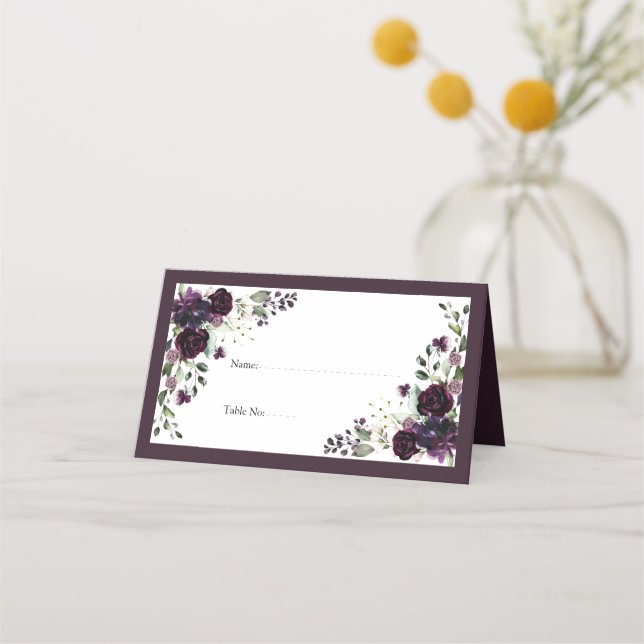 Plum Purple Mauve Floral Watercolor Reception Place Card (Front)