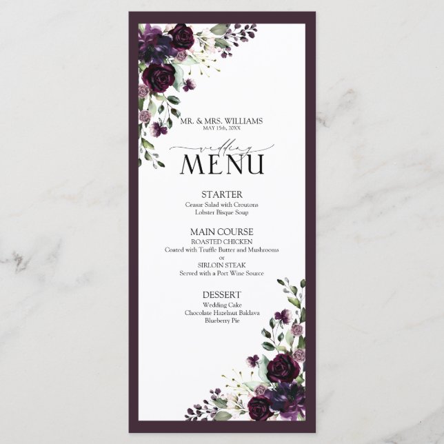 Plum Purple Mauve Floral Watercolor Script Wedding Menu (Front)