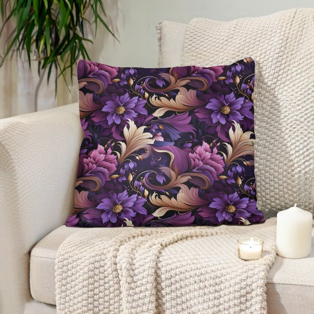 Plum Purple Mauve Gold Ornate Baroque  Cushion (Plum purple, mauve, baroque-style flowers and leaves luxury pillow)