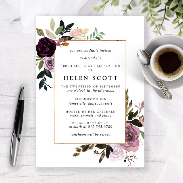 Plum Purple Mauve Pink Floral 100th Birthday Invitation (Creator Uploaded)