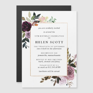 Plum Purple Mauve Pink Floral 70th Birthday Magnetic Invitation