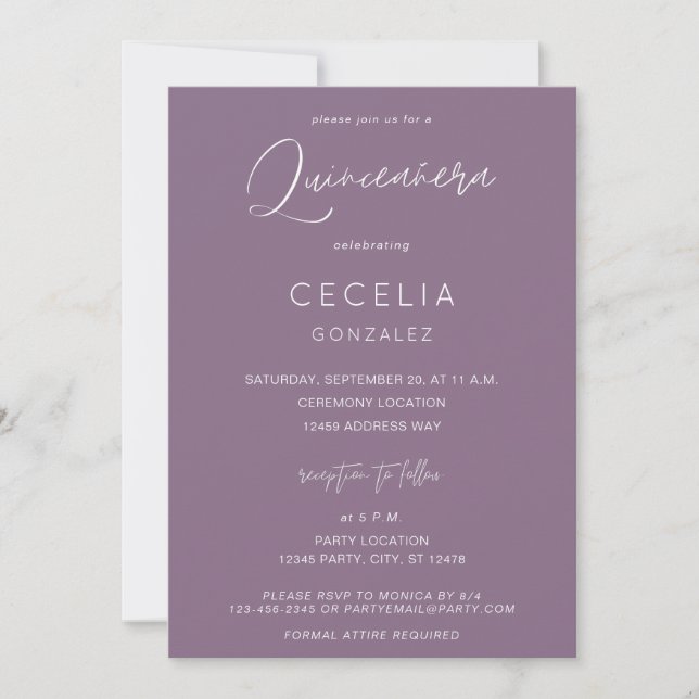 Plum Purple MOD Calligraphy Quinceanera & Ceremony Invitation (Front)