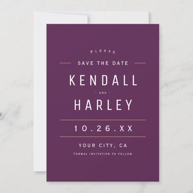 Plum Purple Modern Chic Typography Simple Photo Save The Date (Front)