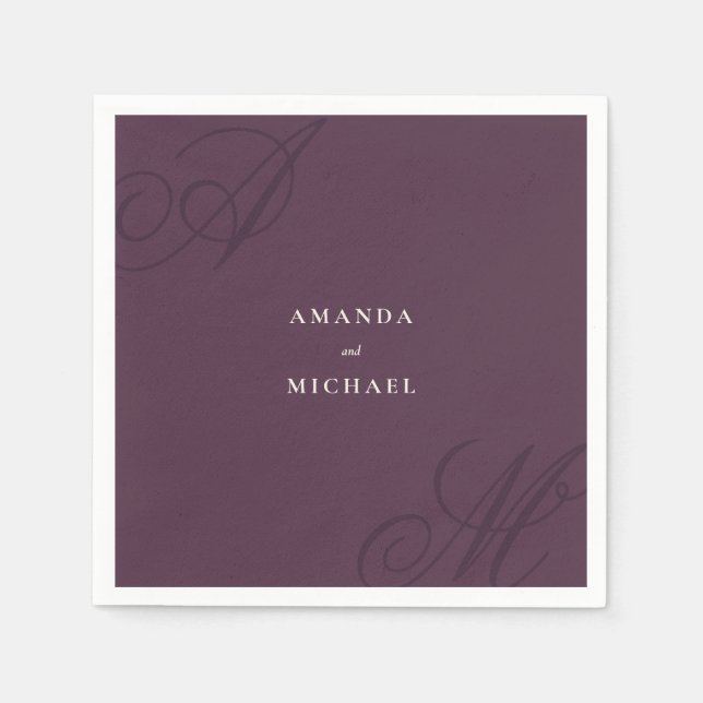 Plum Purple Modern Edge Elegant Monogram Wedding Napkin (Front)