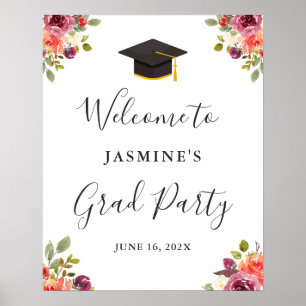 Plum Purple Orange Floral Graduation Welcome Sign