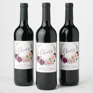 plum purple & peach floral script wedding wine label
