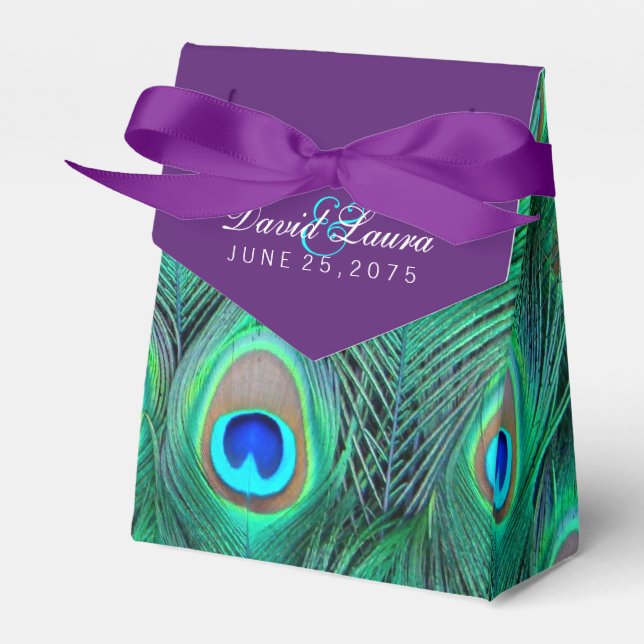 Plum Purple Peacock Wedding Favour Box (Front Side)