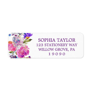 Plum Purple Pink & Blue Flowers Baby Shower Label Return Address Label