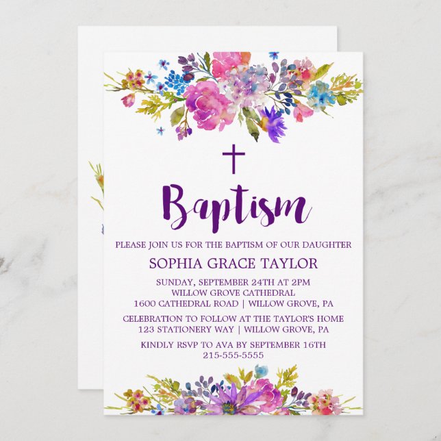 Plum Purple Pink & Blue Flowers Baptism Invitation (Front/Back)