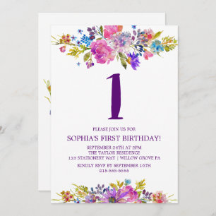 Plum Purple Pink & Blue Flowers First Birthday Invitation