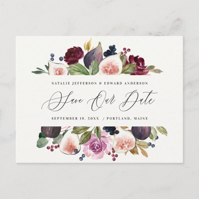 Plum purple, pink, burgundy + gig wedding postcard (Front)