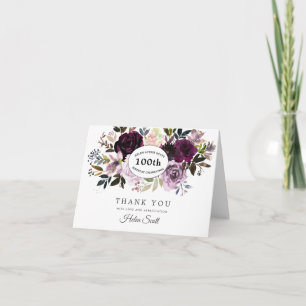 Plum Purple Pink Floral 100th Birthday Thank You Card