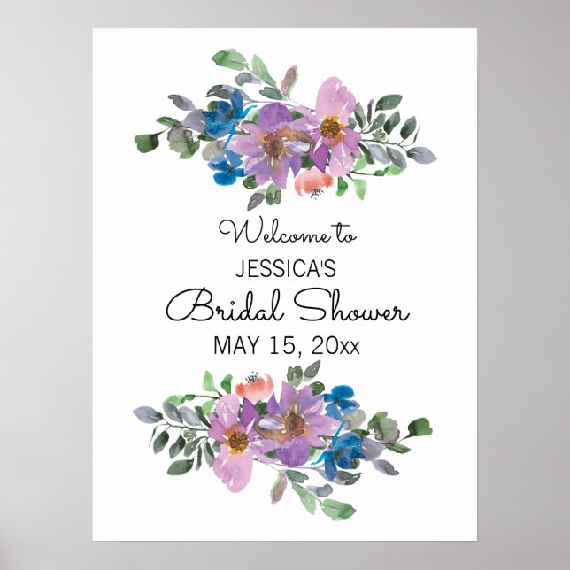 Plum Purple Pink Floral White Bridal Shower Sign (Front)