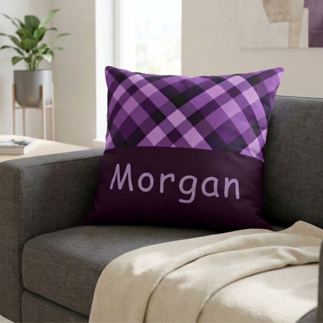 Plum Purple Plaid Monogram Big Throw Pillow (Plum Purple Plaid Monogram Big Throw Pillow sitting on a sofa.)