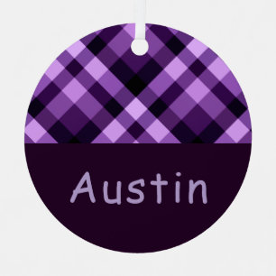 Plum Purple Plaid Monogram Circle Metal Ornament