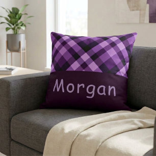 Plum Purple Plaid Monogram Large Throw Pillow