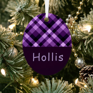 Plum Purple Plaid Monogram Oval Metal Ornament