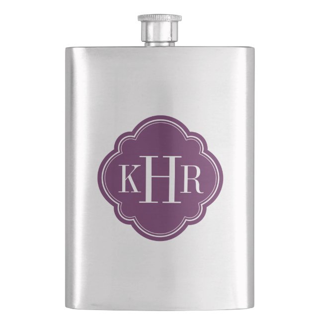 Plum Purple Quatrefoil Custom Monogram Hip Flask (Front)