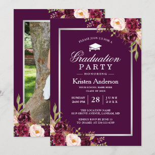 Plum Purple Red Floral Photo Graduation Party Invitation