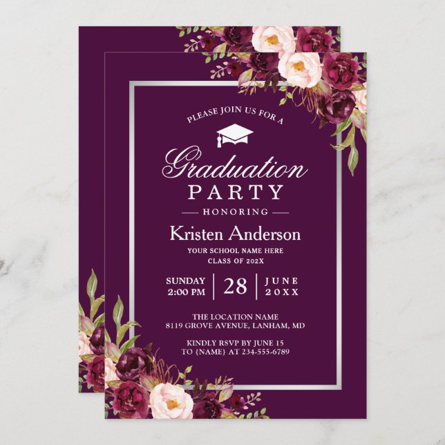 Plum Purple Red Floral Photo Graduation Party Invitation (Front/Back)