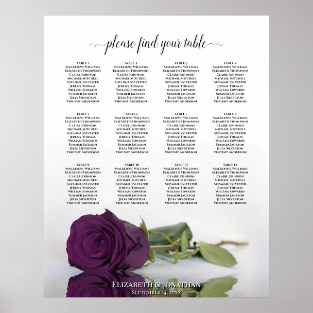 Plum Purple Rose 12 Table Wedding Seating Chart (Front)