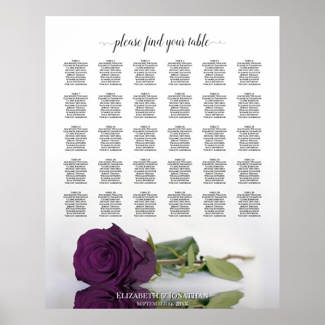 Plum Purple Rose 30 Table Wedding Seating Chart (Front)