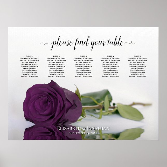 Plum Purple Rose 5 Table Wedding Seating Chart (Front)