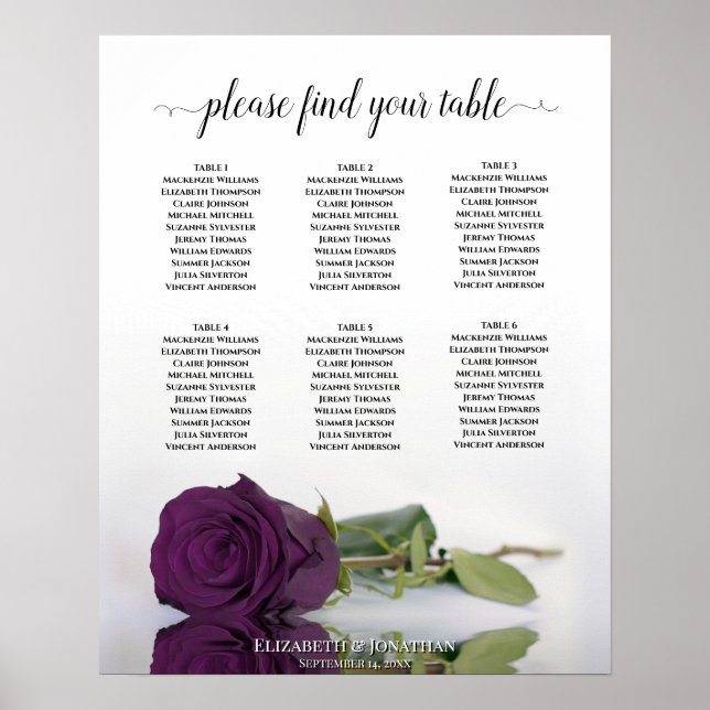 Plum Purple Rose 6 Table Wedding Seating Chart (Front)