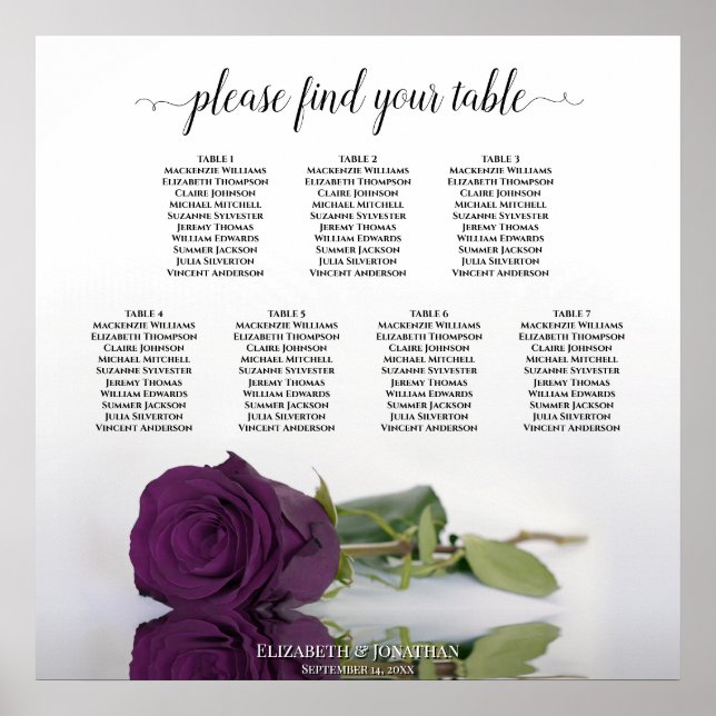 Plum Purple Rose 7 Table Wedding Seating Chart (Front)