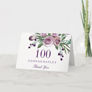 Plum Purple Rose Floral 100th Birthday Thank You Card