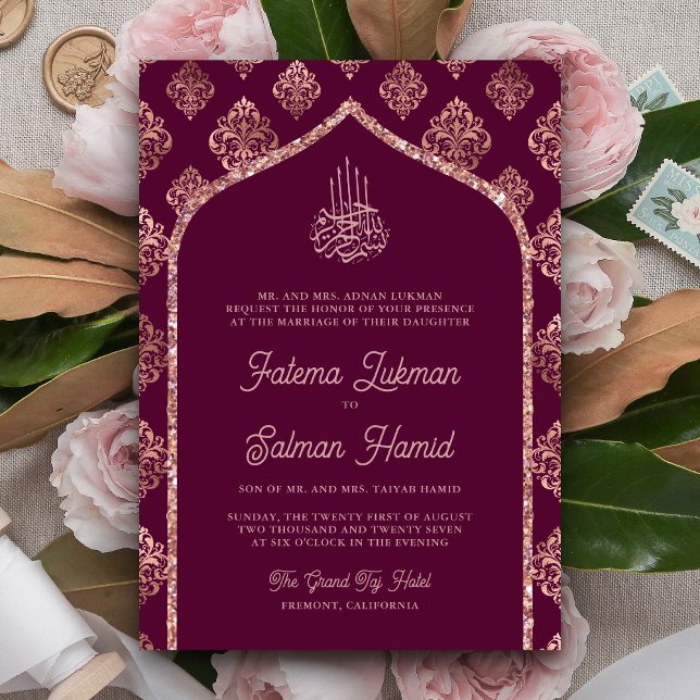 Plum Purple Rose Gold Damask Arch Muslim Wedding Invitation (Creator Uploaded)